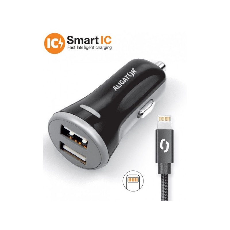 ALIGATOR 3.4A, 2xUSB, smart IC, čierna, USB kábel pre iPhone / iPad