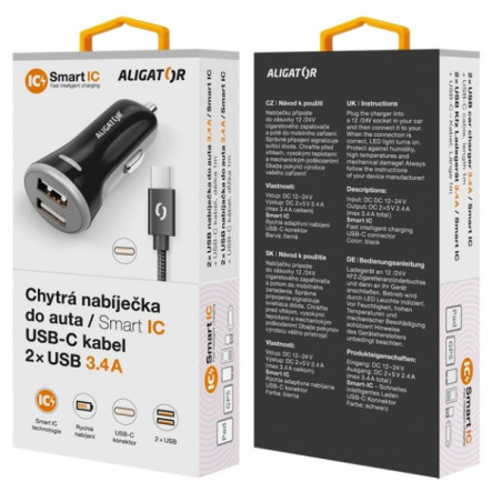 ALIGATOR Chytrá nabíjačka do auta 3.4A, 2xUSB, smart IC, čierna, USB-C kábel