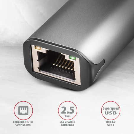 AXAGON ADE-25R USB-A 3.2 Gen 1 - 2.5 Gigabit Ethernet sieťová karta, Realtek 8156, auto install, sivá