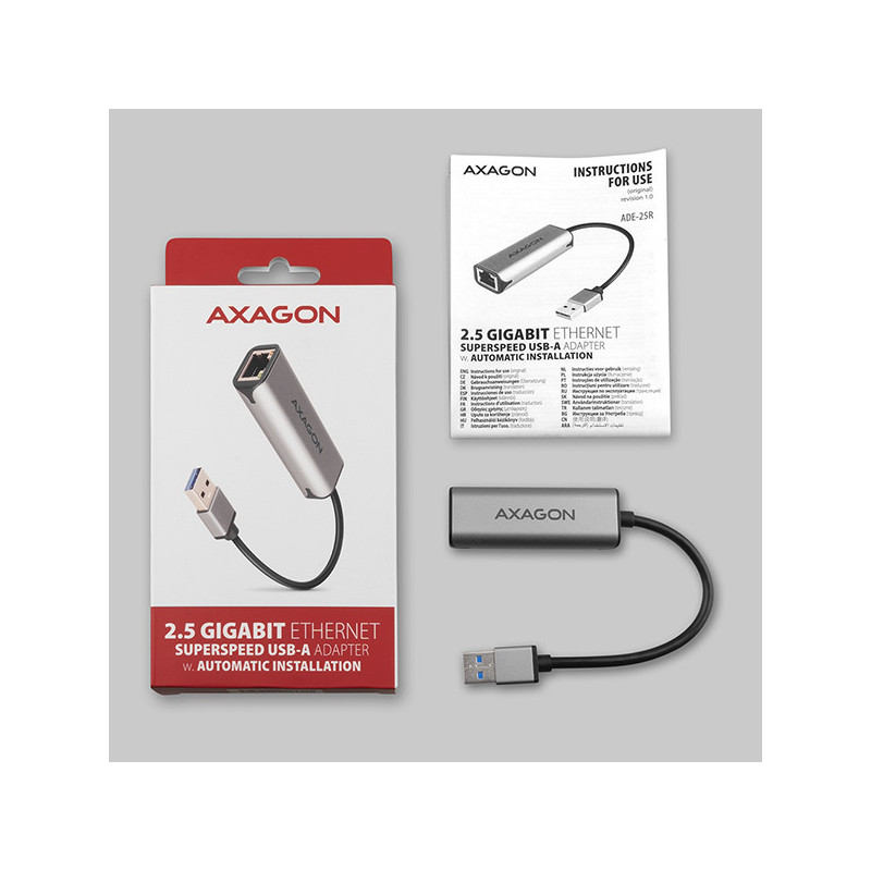 AXAGON ADE-25R USB-A 3.2 Gen 1 - 2.5 Gigabit Ethernet sieťová karta, Realtek 8156, auto install, sivá