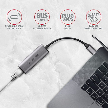 AXAGON ADE-25RC USB-C 3.2 Gen 1 - 2.5 Gigabit Ethernet sieťová karta, Realtek 8156, auto install, šedá