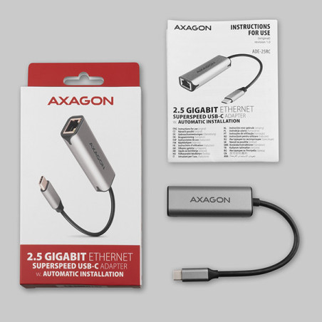 AXAGON ADE-25RC USB-C 3.2 Gen 1 - 2.5 Gigabit Ethernet sieťová karta, Realtek 8156, auto install, šedá