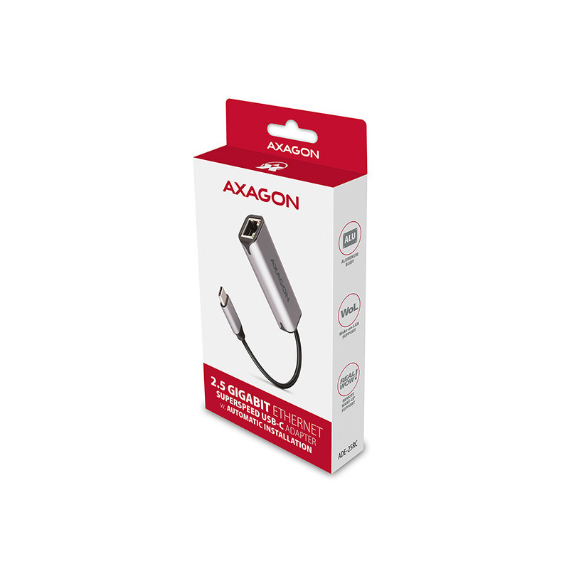 AXAGON ADE-25RC USB-C 3.2 Gen 1 - 2.5 Gigabit Ethernet sieťová karta, Realtek 8156, auto install, šedá