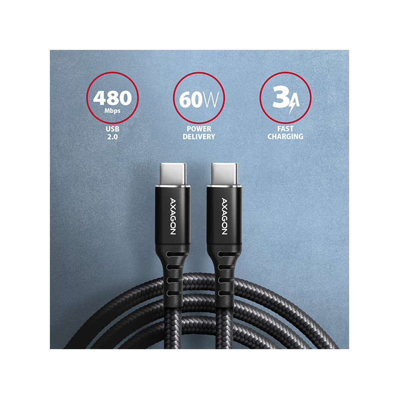 AXAGON BUCM-CM30AB, HQ kábel USB-C → USB-C, 3m, USB 2.0, PD 60W 3A, ALU, oplet, čierny