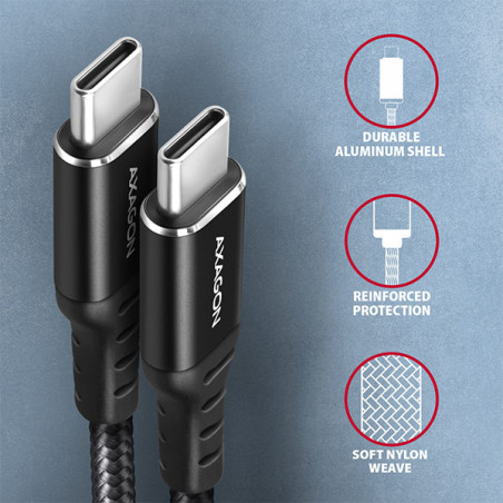 AXAGON BUCM-CM30AB, HQ kábel USB-C → USB-C, 3m, USB 2.0, PD 60W 3A, ALU, oplet, čierny