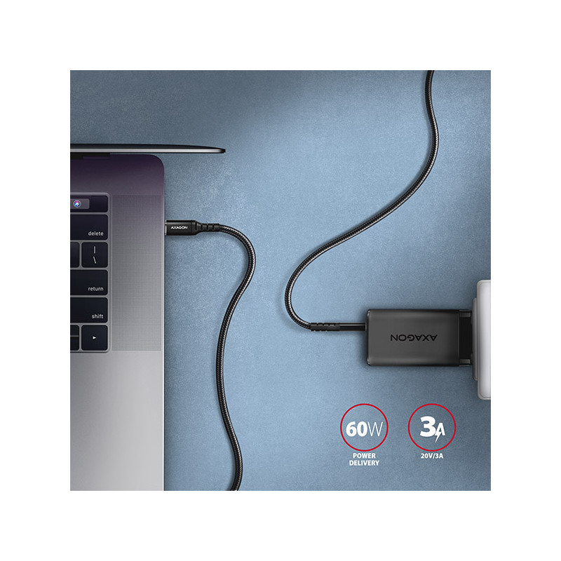 AXAGON BUCM-CM20AB, HQ kábel USB-C → USB-C, 2m, USB 2.0, PD 60W 3A, ALU, oplet, čierny