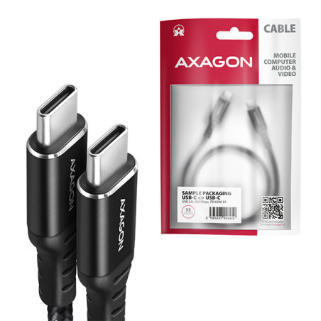 AXAGON BUCM-CM20AB, HQ kábel USB-C → USB-C, 2m, USB 2.0, PD 60W 3A, ALU, oplet, čierny