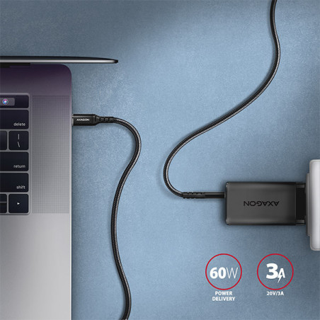 AXAGON BUCM-CM10AB, HQ kábel USB-C → USB-C, 1m, USB 2.0, PD 60W 3A, ALU, oplet, čierny