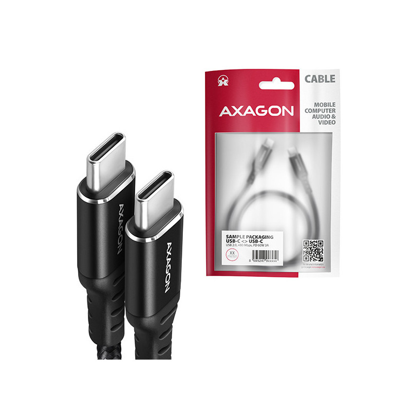 AXAGON BUCM-CM10AB, HQ kábel USB-C → USB-C, 1m, USB 2.0, PD 60W 3A, ALU, oplet, čierny