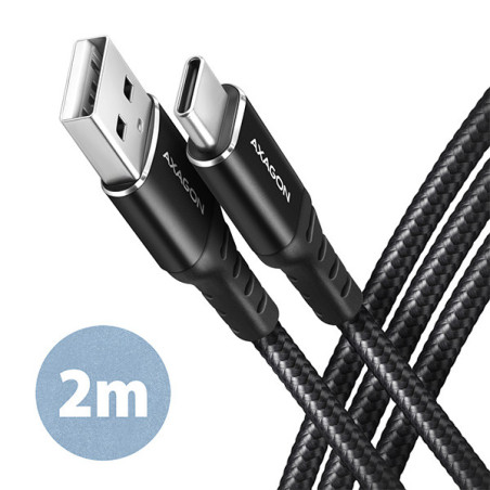 AXAGON BUCM-AM20AB, HQ kábel USB-C → USB-A, 2m, USB 2.0, 3A, ALU, oplet, čierny