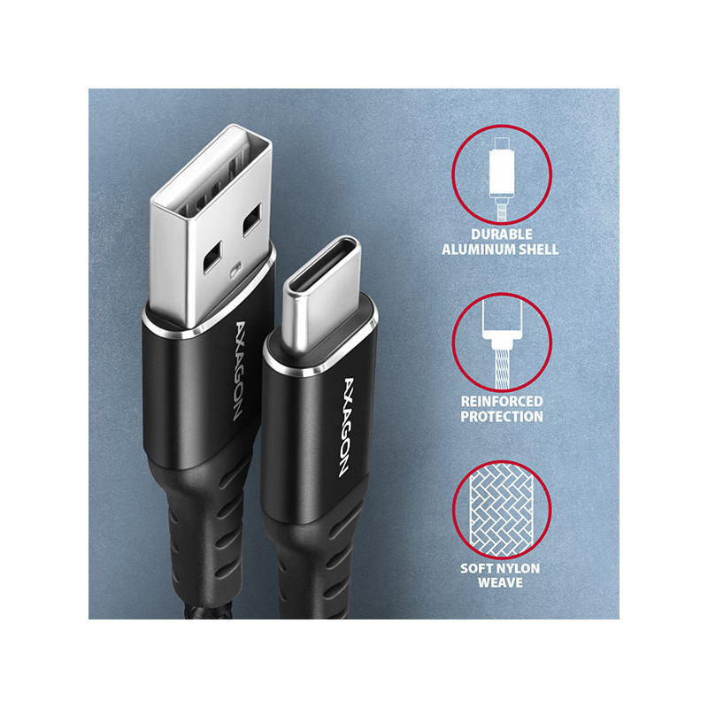 AXAGON BUCM-AM20AB, HQ kábel USB-C → USB-A, 2m, USB 2.0, 3A, ALU, oplet, čierny