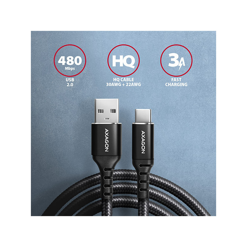 AXAGON BUCM-AM15AB, HQ kábel USB-C → USB-A, 1.5m, USB 2.0, 3A, ALU, oplet, čierny