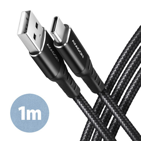 AXAGON BUCM-AM10AB, HQ kábel USB-C → USB-A, 1m, USB 2.0, 3A, ALU, oplet, čierny