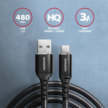 AXAGON BUCM-AM10AB, HQ kábel USB-C → USB-A, 1m, USB 2.0, 3A, ALU, oplet, čierny
