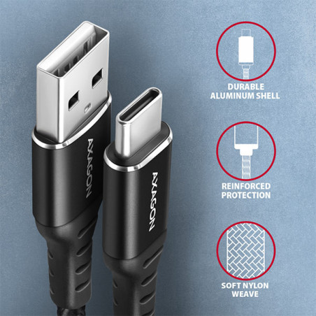 AXAGON BUCM-AM10AB, HQ kábel USB-C → USB-A, 1m, USB 2.0, 3A, ALU, oplet, čierny