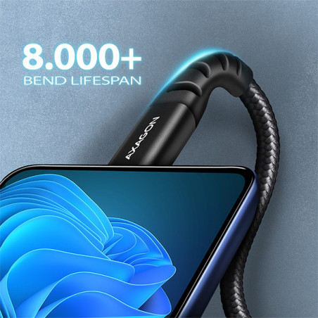 AXAGON BUCM-AM10AB, HQ kábel USB-C → USB-A, 1m, USB 2.0, 3A, ALU, oplet, čierny