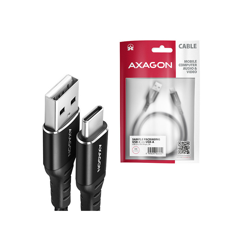 AXAGON BUCM-AM10AB, HQ kábel USB-C → USB-A, 1m, USB 2.0, 3A, ALU, oplet, čierny