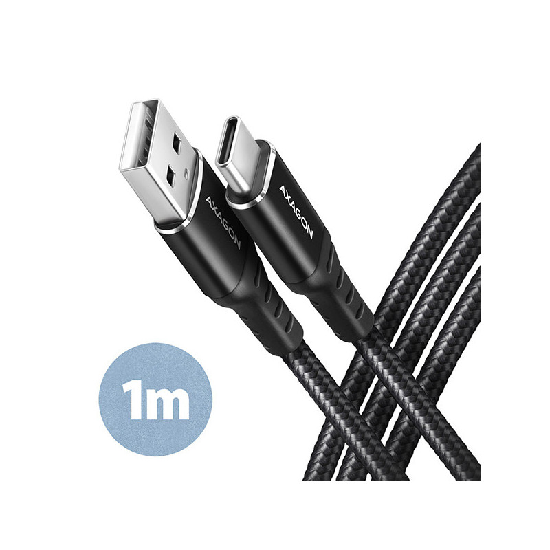 AXAGON BUCM-AM10AB, HQ kábel USB-C → USB-A, 1m, USB 2.0, 3A, ALU, oplet, čierny