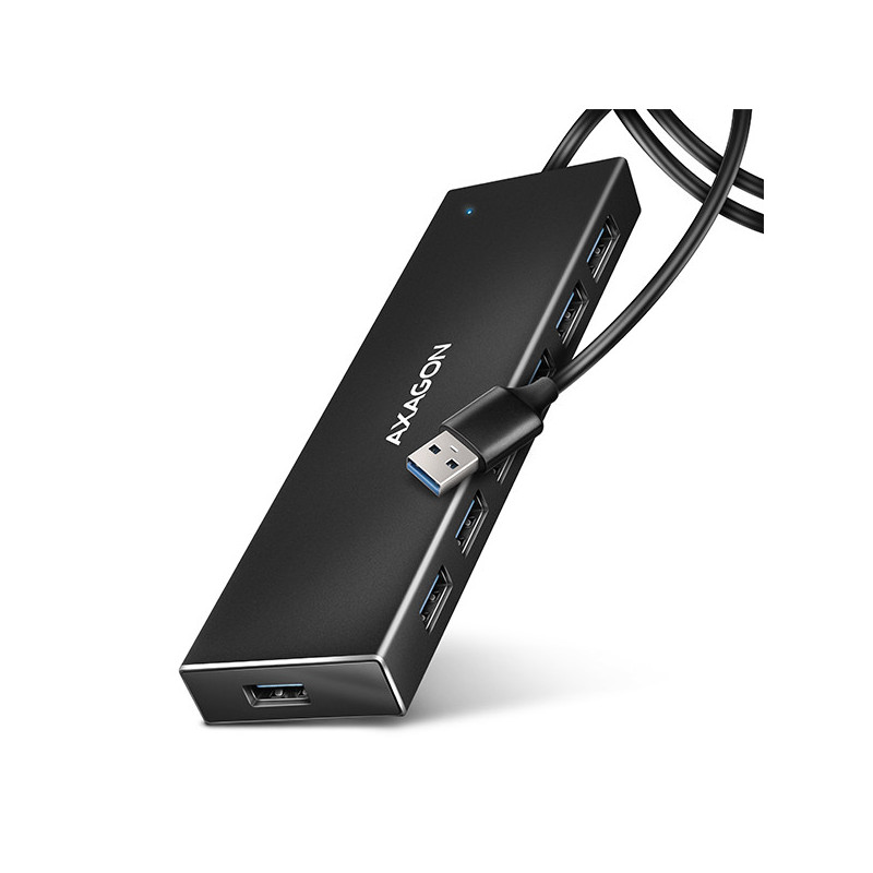 AXAGON HUE-F7A, 7x USB 3.2 Gen 1 ALU FLAT CHARGING hub, micro USB napájací konektor, kábel USB-A 1m