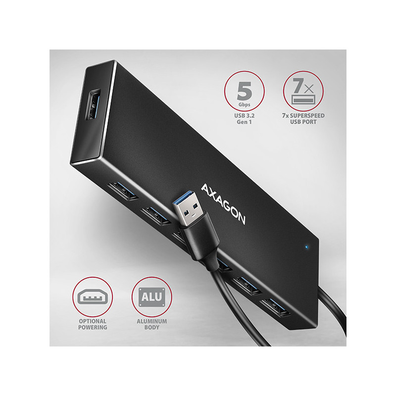 AXAGON HUE-F7A, 7x USB 3.2 Gen 1 ALU FLAT CHARGING hub, micro USB napájací konektor, kábel USB-A 1m
