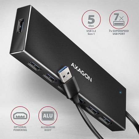 AXAGON HUE-F7A, 7x USB 3.2 Gen 1 ALU FLAT CHARGING hub, micro USB napájací konektor, kábel USB-A 1m
