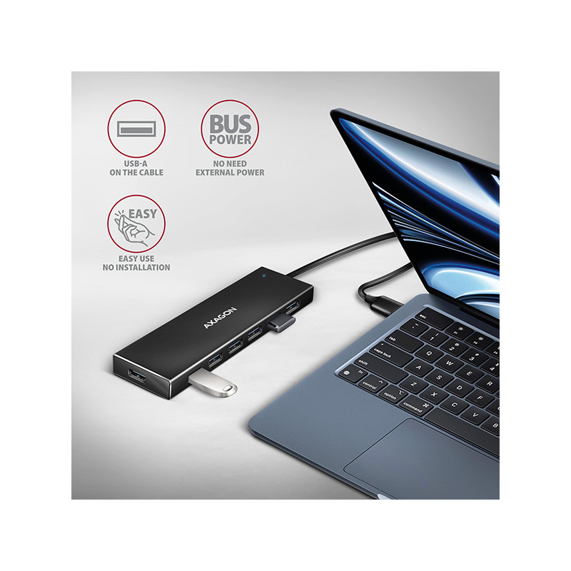 AXAGON HUE-F7A, 7x USB 3.2 Gen 1 ALU FLAT CHARGING hub, micro USB napájací konektor, kábel USB-A 1m