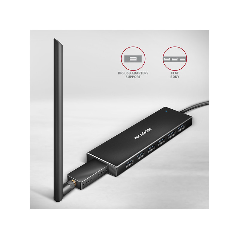 AXAGON HUE-F7A, 7x USB 3.2 Gen 1 ALU FLAT CHARGING hub, micro USB napájací konektor, kábel USB-A 1m