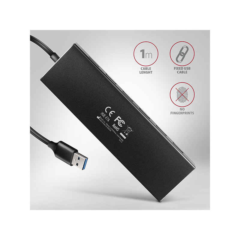 AXAGON HUE-F7A, 7x USB 3.2 Gen 1 ALU FLAT CHARGING hub, micro USB napájací konektor, kábel USB-A 1m