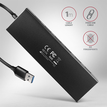 AXAGON HUE-F7A, 7x USB 3.2 Gen 1 ALU FLAT CHARGING hub, micro USB napájací konektor, kábel USB-A 1m