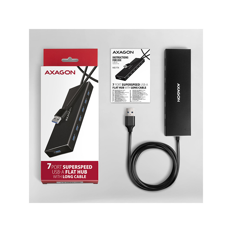 AXAGON HUE-F7A, 7x USB 3.2 Gen 1 ALU FLAT CHARGING hub, micro USB napájací konektor, kábel USB-A 1m