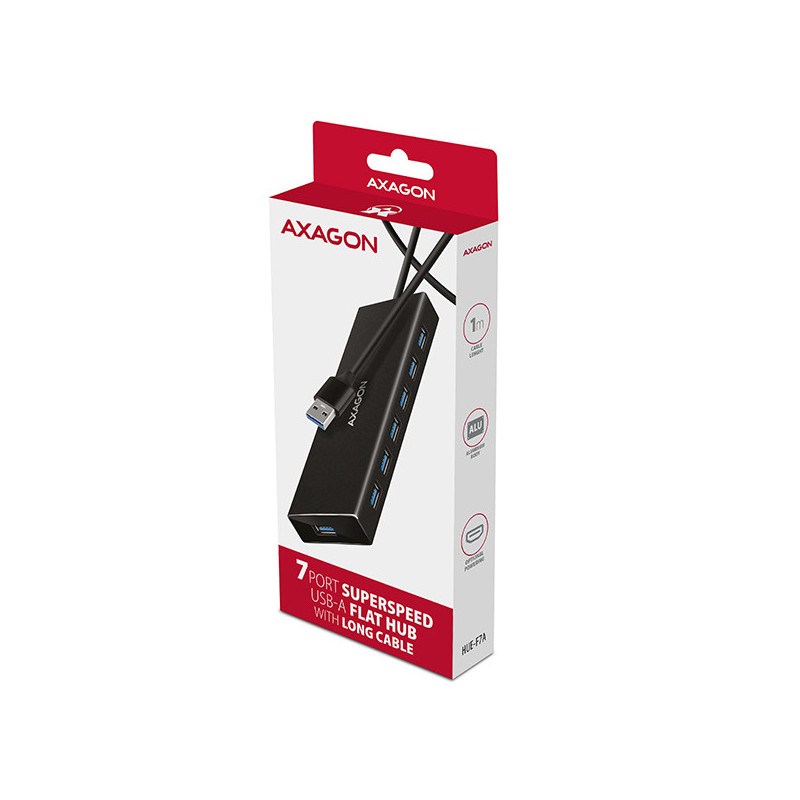 AXAGON HUE-F7A, 7x USB 3.2 Gen 1 ALU FLAT CHARGING hub, micro USB napájací konektor, kábel USB-A 1m