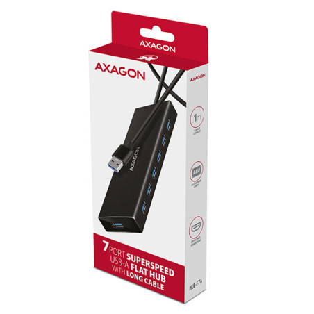 AXAGON HUE-F7A, 7x USB 3.2 Gen 1 ALU FLAT CHARGING hub, micro USB napájací konektor, kábel USB-A 1m