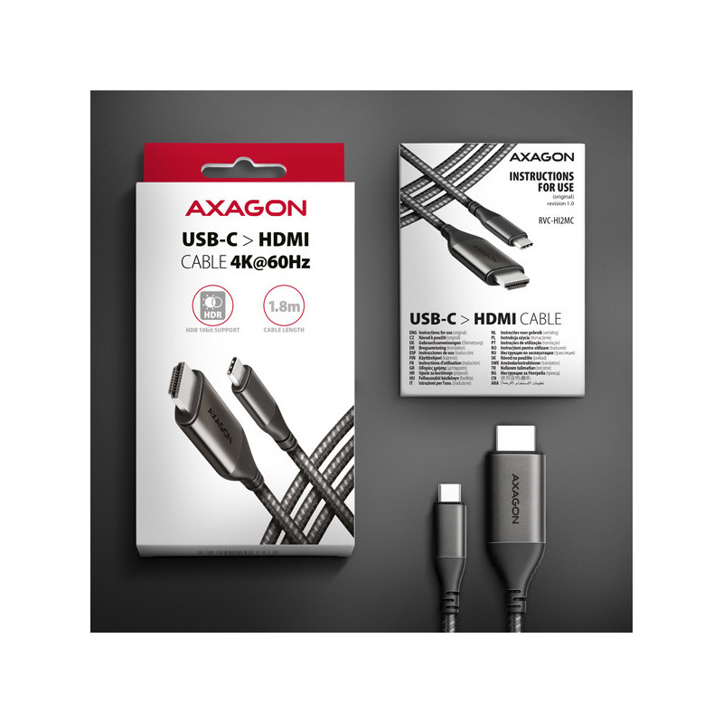 AXAGON RVC-HI2MC, USB-C → HDMI 2.0a redukcia / kábel 1.8m, 4K/60Hz HDR10