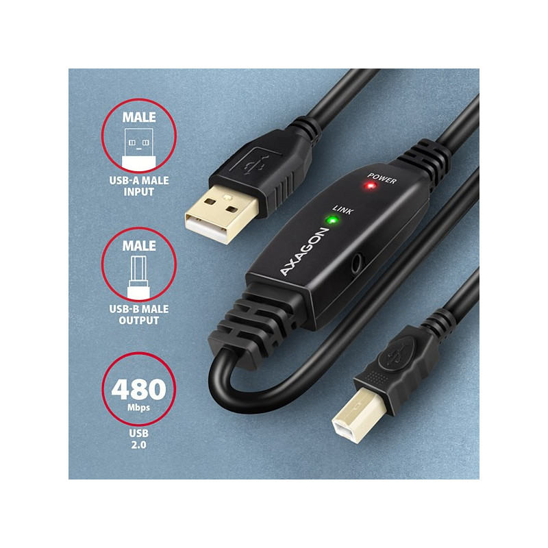 AXAGON ADR-210B, USB 2.0 A-M → B-M aktívny prepojovací / repeater kábel, 10m