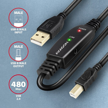 AXAGON ADR-210B, USB 2.0 A-M → B-M aktívny prepojovací / repeater kábel, 10m