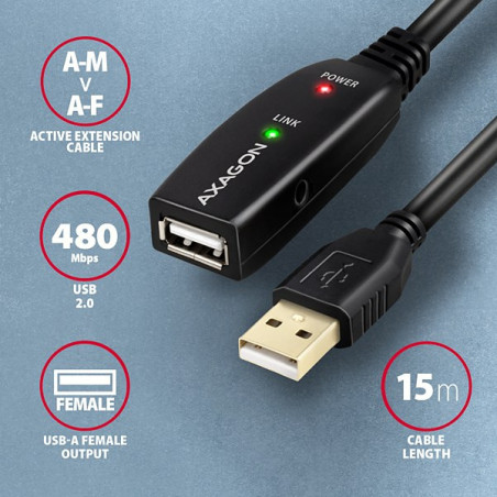 AXAGON ADR-215, USB 2.0 A-M → A-F aktívny predlžovací / repeater kábel, 15m