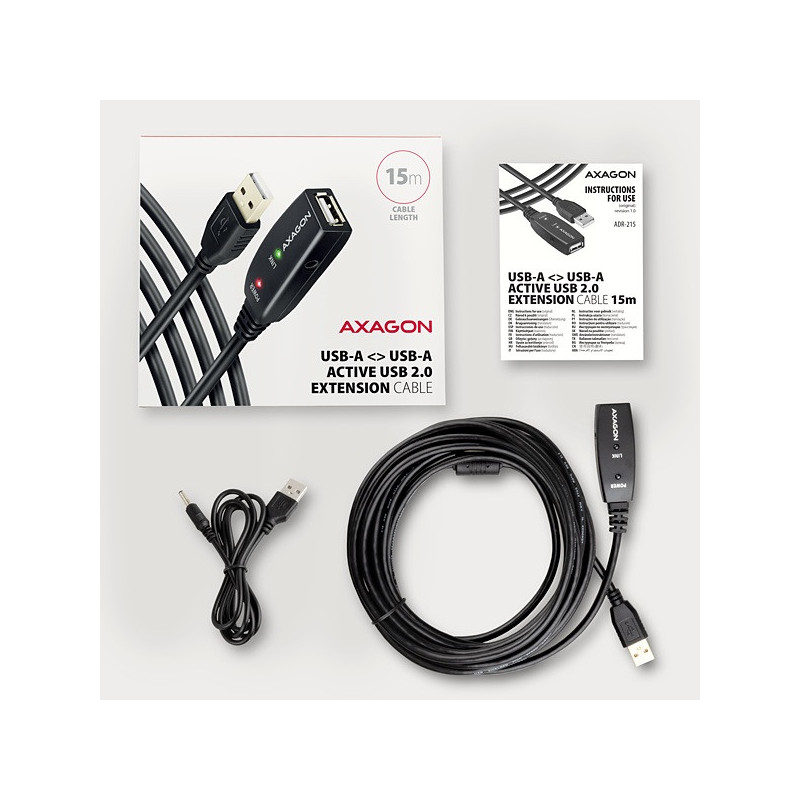 AXAGON ADR-215, USB 2.0 A-M → A-F aktívny predlžovací / repeater kábel, 15m