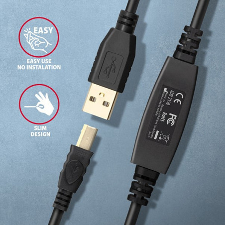 AXAGON ADR-215B, USB 2.0 A-M → B-M aktívny prepojovací / repeater kábel, 15m