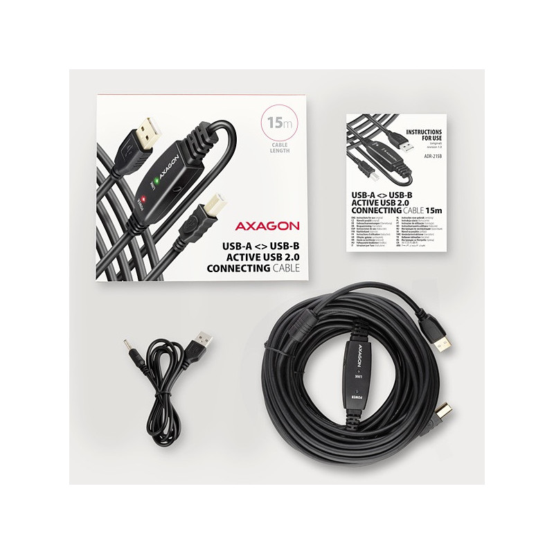 AXAGON ADR-215B, USB 2.0 A-M → B-M aktívny prepojovací / repeater kábel, 15m