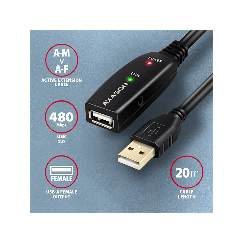 AXAGON ADR-220, USB 2.0 A-M → A-F aktívny predlžovací / repeater kábel, 20m