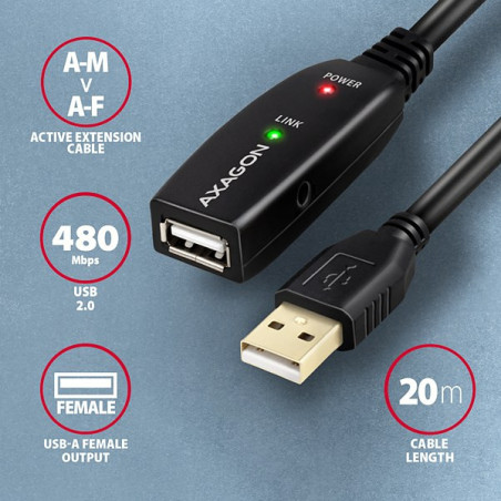 AXAGON ADR-220, USB 2.0 A-M → A-F aktívny predlžovací / repeater kábel, 20m