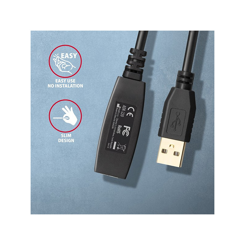 AXAGON ADR-220, USB 2.0 A-M → A-F aktívny predlžovací / repeater kábel, 20m