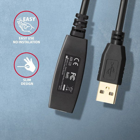 AXAGON ADR-220, USB 2.0 A-M → A-F aktívny predlžovací / repeater kábel, 20m