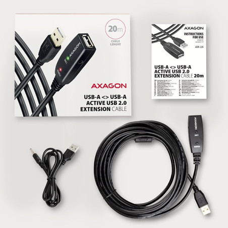 AXAGON ADR-220, USB 2.0 A-M → A-F aktívny predlžovací / repeater kábel, 20m