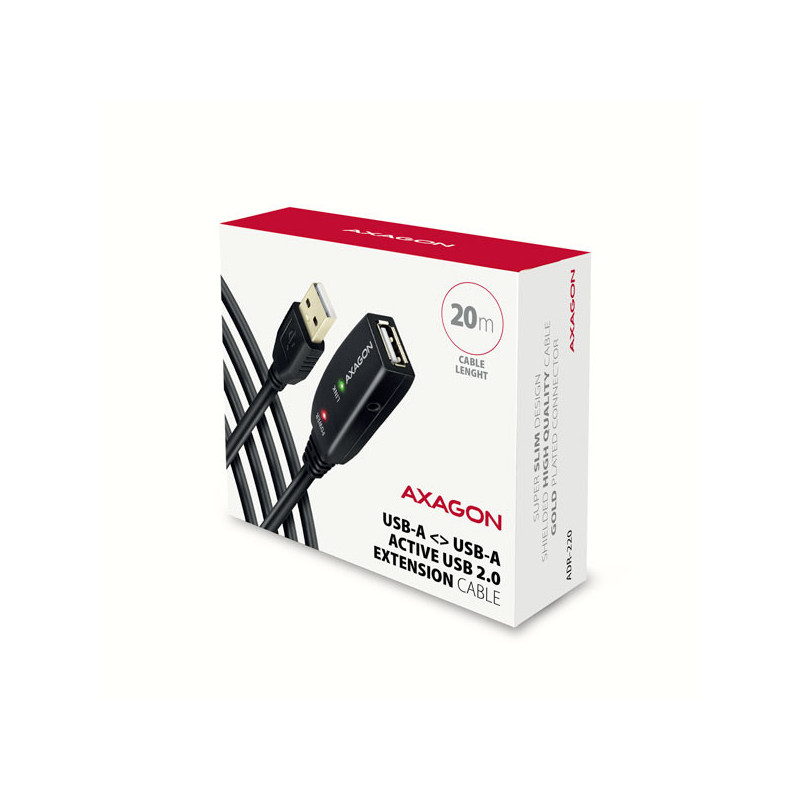 AXAGON ADR-220, USB 2.0 A-M → A-F aktívny predlžovací / repeater kábel, 20m