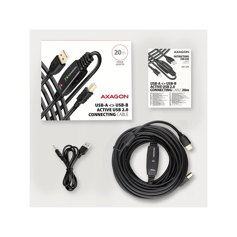 AXAGON ADR-220B, USB 2.0 A-M → B-M aktívny prepojovací / repeater kábel, 20m