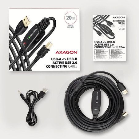 AXAGON ADR-220B, USB 2.0 A-M → B-M aktívny prepojovací / repeater kábel, 20m