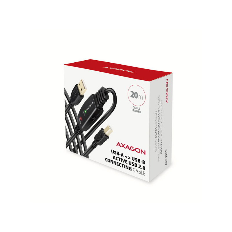 AXAGON ADR-220B, USB 2.0 A-M → B-M aktívny prepojovací / repeater kábel, 20m