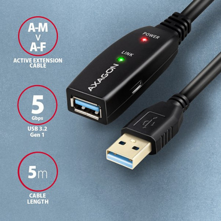 AXAGON ADR-305, USB 3.2 Gen 1 A-M → A-F aktívny predlžovací / repeater kábel, 5m