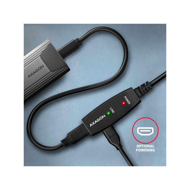 AXAGON ADR-305, USB 3.2 Gen 1 A-M → A-F aktívny predlžovací / repeater kábel, 5m